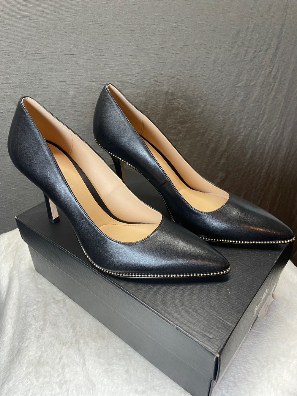 Coach Samantha LTHR Black Leather Pointed Toe Pumps with Stud Trim